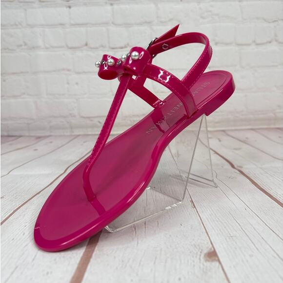 Stuart Weitzman Imitation Pearl Bow Jelly Pink Ankle Strap Sandals Women’s Sz 6B - Picture 4 of 8